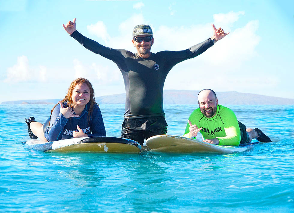 instructor michael with surf students hawaii maui